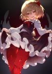  1girl :p ascot black_skirt blonde_hair hair_between_eyes hair_ribbon highres lifted_by_self long_sleeves looking_at_viewer red_eyes red_legwear red_neckwear red_ribbon ribbon rumia short_hair skirt skirt_lift smile solo standing thighs tongue tongue_out touhou uu_uu_zan 