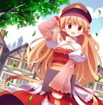  1girl archbishop_(ragnarok_online) bangs blonde_hair blowing_leaves blunt_bangs blush book breasts brown_headwear building bush cleavage cloud commentary_request cowboy_shot cross doridori dress dutch_angle eyebrows_visible_through_hair flower frilled_sleeves frills hair_between_eyes hand_on_headwear hat holding holding_book house juliet_sleeves long_hair long_sleeves looking_at_viewer open_mouth outdoors peaked_cap pink_flower pointy_ears puffy_sleeves ragnarok_online red_dress red_eyes red_flower sash sky solo standing thighhighs white_dress white_legwear window yellow_sash 