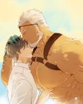  2boys abs aegir_(tokyo_houkago_summoners) aqua_hair bara beard chest_harness dark_skin dark_skinned_male eyewear_on_head facial_hair fins forehead_kiss hair_slicked_back hair_strand hand_on_another&#039;s_head harness hinokumo_f kiss leather male_focus master_4_(tokyo_houkago_summoners) multicolored_hair multiple_boys muscular muscular_male pectorals short_hair streaked_hair tokyo_houkago_summoners upper_body white_hair 