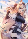  1girl :3 animal_ears arknights armor black_bow black_shorts blonde_hair blue_eyes bow breasts cape cloud cowboy_shot dutch_angle eyebrows_visible_through_hair fang gogatsu_fukuin hair_bow hand_on_hip hand_up highres horse_ears horse_tail kingdom_of_kazimierz_logo large_breasts long_hair looking_at_viewer outdoors shorts sky solo standing tail thighhighs thighs v-shaped_eyebrows whislash_(arknights) white_cape 