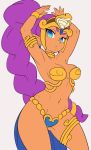  1girl absurdres alternate_costume armlet armpits arms_up blue_eyes bracelet braid braided_ponytail breasts cleavage cowboy_shot dark_skin high_ponytail highres jewelry long_hair looking_at_viewer medium_breasts navel parted_lips pointy_ears purple_hair shantae_(character) shantae_(series) shnibbles simple_background solo thighlet very_long_hair white_background 