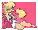  2020 anthro blonde_hair bra callie_briggs centinel303 clothed clothing cute_fangs domestic_cat dress_shirt eyewear felid feline felis female fur glasses green_eyes hair hanna-barbera lying mammal necktie on_side open_clothing open_shirt open_topwear panties shirt solo swat_kats ta-na tan_body tan_fur topwear underwear undressing 