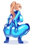  1girl :d absurdres ass back blonde_hair blue_eyes bodysuit breasts eyebrows_visible_through_hair highres long_hair metroid open_mouth ponytail samus_aran skin_tight smile solo spread_legs squatting tiptoes volyz zero_suit 
