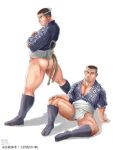  2boys ass ass_visible_through_thighs bara bulge bunta_ru buzz_cut chest_hair cover cover_page crossed_arms doujin_cover facial_hair full_body fundoshi hachimaki happi headband highres japanese_clothes leg_hair loincloth looking_at_viewer male_focus multiple_boys muscular muscular_male no_pants old old_man original pectorals short_hair sideburns sitting spread_legs stubble thick_thighs thighs very_short_hair 