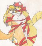  areola big_breasts breasts butt canid canine christmas colored_pencil_(artwork) duo eyewear felid female female/female fox glasses group hair hi_res holidays imjim007 mammal nipples open_mouth pandora&#039;s_fox traditional_media_(artwork) youli 