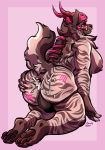  2020 4_toes absurd_res anthro anus border breasts brown_nose brown_pawpads candy.yeen female fur genitals hi_res horn hyaenid mammal nipples pawpads pink_background pink_border pink_eyes pink_horn pussy simple_background striped_body striped_fur stripes tally_marks toes trans_(lore) 