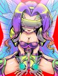  1girl :p absurdres bangs between_legs bikini boots breasts butterfly_hair_ornament butterfly_wings cleavage commentary covered_eyes cowboy_shot digimon facial_mark fairymon garter_straps gel_shu gloves grey_gloves groin hair_ornament hand_between_legs highres large_breasts long_hair midriff navel parted_bangs purple_bikini purple_footwear purple_hair red_background revealing_clothes shoulder_pads simple_background sitting smile solo spread_legs strapless strapless_bikini swimsuit thigh_boots thighhighs tongue tongue_out visor wings 