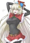  1girl ahoge arms_up bangs belt blush box breasts christmas christmas_present fate_(series) hair_ornament hairpin highres jeanne_d&#039;arc_(alter)_(fate) jeanne_d&#039;arc_(fate)_(all) large_breasts long_hair looking_at_viewer mitsugu open_mouth pale_skin santa_costume shirt simple_background sleeves_past_wrists solo star_pin tight_shirt white_background 