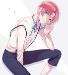  1boy blouse blue_eyes blue_neckwear blue_ribbon chisumi from_side hand_up head_tilt highres long_sleeves looking_at_viewer looking_to_the_side neck_ribbon original pants pink_hair purple_pants ribbon short_hair smile solo strap_slip suspenders white_blouse 