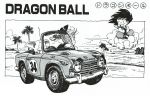  1girl 2boys :d absurdres black_eyes black_hair black_ribbon border braid braided_ponytail bulma car closed_mouth cloud cloudy_sky convertible copyright_name crossed_arms crossed_legs dirt_road dougi dragon_ball dragon_ball_(classic) driving expressionless facing_away facing_viewer flying_nimbus full_body grass greyscale ground_vehicle hair_ribbon happy highres horizon indian_style leaning_forward looking_afar looking_at_another looking_down looking_to_the_side looking_up messy_hair monochrome motor_vehicle multiple_boys nyoibo official_art oolong open_mouth outdoors outside_border palm_tree profile radio_antenna rear-view_mirror ribbon road shirt short_sleeves sitting sky smile son_goku spiked_hair steering_wheel toriyama_akira tree white_border white_shirt wristband 