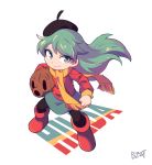  1boy 1girl beret black_legwear blue_hair boots bzzt_gcxll english_text floating_hair frown grey_eyes hat highres hilda_(hilda) hilda_(series) long_hair looking_at_viewer looking_up pullover red_footwear scarf signature simple_background skirt wood_man_(hilda) 