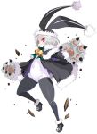  1girl bell black_footwear black_legwear bright_pupils claws covered_navel disgaea disgaea_rpg full_body fur_trim hat long_sleeves paws red_eyes short_hair simple_background skull_print solo thighhighs usalia_(disgaea) white_background white_hair 