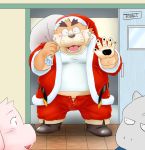  2020 anthro belly blush bottomwear bulge canid canine canis christmas christmas_clothing christmas_headwear clothing domestic_dog eyes_closed group hat headgear headwear holidays humanoid_hands inside kemono male mammal overweight overweight_male pants santa_claus santa_hat shirt topwear toshi_(artist) 