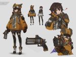  1girl aiming arms_at_sides bodysuit_under_clothes brown_hair character_sheet english_commentary goggles goggles_on_headwear grey_background gun handgun hat heart highres jacket jetpack jiang1274 looking_at_viewer orange_eyes original see-through shorts spoken_heart weapon zipper_pull_tab 
