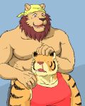  2007 4:5 anthro barazoku blood bodily_fluids clothing dot_eyes duo felid humanoid_hands kemono lion low_res male mammal muscular muscular_male nosebleed pantherine shirt tiger topwear unknown_artist 