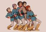  amuro_ray beige_background black_hair boots bright_noa brown_hair clenched_hand earth_federation gundam hair_behind_ear hayato_kobayashi highres kai_shiden leaning_back looking_down looking_up male_focus military mobile_suit_gundam open_hands purple_hair ryu_jose scared teikoku_jokyoku uniform yellow_footwear 