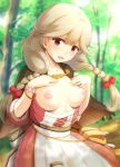  1girl bow bracelet braid breasts breasts_outside brown_capelet brown_eyes brown_hair capelet dirt_road faye_(fire_emblem) fire_emblem fire_emblem_echoes:_shadows_of_valentia forest h_(hhhhhh4649) hair_bow jewelry low-braided_long_hair medium_breasts nature road 