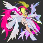  1girl absurdres angel_wings angewomon bow_(weapon) breasts digimon elbow_gloves energy_arrow floating gloves grey_background helmet hexed highres holding holding_bow_(weapon) holding_weapon long_hair looking_down medium_breasts multiple_wings navel pink_scarf scarf single_elbow_glove single_glove single_legging solo thigh_strap very_long_hair weapon white_gloves wings 