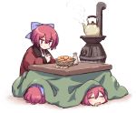  1girl basket blush bow closed_eyes commentary cup disembodied_head drooling food fruit hair_bow hanten_(clothes) holding holding_cup isu_(is88) kettle kotatsu long_sleeves looking_at_viewer mandarin_orange multiple_heads open_mouth purple_bow red_eyes red_hair sakazuki saliva sekibanki short_hair sitting solo steam stove table touhou white_background 