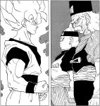 3boys absurdres android_19 arms_at_sides aura biceps black_headwear black_pants border clenched_hands closed_mouth collarbone dougi dr._gero_(dragon_ball) dragon_ball dragon_ball_z earrings expressionless face-to-face facial_hair fingernails from_side frown grey_background greyscale hands_up hat height_difference highres hoop_earrings jewelry juliet_sleeves long_hair long_sleeves male_focus monochrome multiple_boys muscular mustache official_art old old_man pants profile puffy_sleeves red_ribbon_army serious shirt side-by-side simple_background son_goku spiked_hair split_screen standing striped striped_shirt super_saiyan super_saiyan_1 toriyama_akira upper_body waistcoat white_border wrinkles wristband 