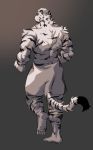  1boy animal_ears arknights back bara feet from_behind full_body furry gradient gradient_background highres leg_up looking_to_the_side male_focus mountain_(arknights) muscular muscular_male naked_towel scar scar_across_eye short_hair simple_background solo tail tiger_boy tiger_ears tiger_stripes tiger_tail towel walking white_fur white_hair yeon_(leyonkim) 
