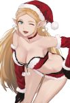  1girl ;d arched_back armpits belt bikini blonde_hair braid butt_crack choker christmas detached_sleeves gloves hand_on_hip hand_on_thigh hat highres j@ck leaning_forward long_hair looking_at_viewer one_eye_closed open_mouth princess_zelda santa_bikini santa_costume santa_hat shorts smile swimsuit the_legend_of_zelda the_legend_of_zelda:_breath_of_the_wild thigh_gap white_background 