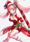  1girl alternate_costume artist_name bangs blunt_bangs blush boots breasts candy candy_cane christmas cleavage fire_emblem fire_emblem:_three_houses fire_emblem_heroes flower food fur_scarf fur_trim gonzarez grey_background hair_flower hair_ornament hat highres hilda_valentine_goneril holding holding_candy_cane holly looking_at_viewer one_eye_closed pink_eyes pink_hair red_skirt rose santa_hat skirt smile solo striped striped_legwear thighhighs twintails white_flower white_footwear white_rose 