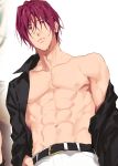  1boy abs bangs black_shirt collarbone free! from_below hair_between_eyes looking_at_viewer male_focus matsuoka_rin navel nipples oh_ki_ik open_clothes open_shirt pants pectorals red_eyes red_hair shirt short_hair single_bare_shoulder toned toned_male wet wet_hair white_pants 