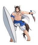  1boy abs absurdres animal_ears arknights bandana bara bare_pecs character_request cow_boy cow_ears cow_horns cow_tail dagger full_body highres holding holding_dagger holding_surfboard holding_weapon horns jewelry looking_at_viewer male_focus male_swimwear medium_hair muscular muscular_male navel necklace nipples pectorals see-through shorts solo stomach surfboard swim_trunks swimwear tail weapon white_background white_shorts yeon_(leyonkim) 