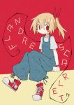  1girl alternate_costume alternate_wings asameshi baggy_pants blonde_hair blush_stickers bow character_name commentary contemporary converse cross-laced_footwear flandre_scarlet flat_color full_body hair_bow high_tops overalls pants red_background red_bow red_eyes red_footwear shirt short_hair short_sleeves side_ponytail sitting solo touhou white_shirt wings yellow_background 