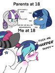  3:4 anthro ask_bottom_armor bent_over big_butt blush butt daddy_kink dialogue english_text equid equine friendship_is_magic girly hair hasbro hi_res horn huge_butt lefthighkick male male/male mammal meme my_little_pony night_light_(mlp) pulling_hair shining_armor_(mlp) text tongue tongue_out touching_hair twilight_velvet_(mlp) unicorn zebra 
