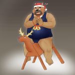  1:1 2020 anthro belly blush brown_body brown_fur canid canine canis christmas christmas_clothing christmas_headwear clothed clothing domestic_dog fur hat headgear headwear hi_res holidays humanoid_hands kemono male mammal overweight overweight_anthro overweight_male santa_hat sitting solo tokyo_afterschool_summoners video_games yaki_atsuage yasuyori 