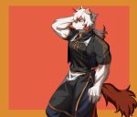  1boy absurdres alternate_costume animal_ears apron arknights baggy_pants bara black_shirt brown_eyes brown_fur bulge chinese_clothes dog_boy dog_ears dog_tail feet_out_of_frame furry highres horns hung_(arknights) leaning_back looking_to_the_side male_focus medium_hair multicolored_hair muscular muscular_male orange_hair pants pectorals shirt short_sleeves simple_background single_horn solo streaked_hair tail taut_clothes taut_shirt tied_hair two-tone_fur waist_apron white_fur white_hair yeon_(leyonkim) 