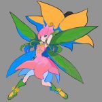  1girl arm_cannon blue_eyes boots digimon flower green_footwear grey_background hexed highres leaf_wings lillymon monster_girl plant plant_girl smile solo vines weapon 