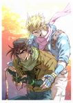  2boys aqua_eyes aviator_cap battle_tendency blonde_hair blue_gloves blue_jacket brown_hair brown_jacket caesar_anthonio_zeppeli clenched_hands clenched_teeth collared_jacket commentary_request crying denim facial_mark feather_hair_ornament fingerless_gloves gloves gradient gradient_background green_eyes green_gloves hair_ornament high_collar highres holding jacket jeans jojo_no_kimyou_na_bouken joseph_joestar_(young) lapel light_smile looking_at_another looking_down male_focus multicolored multicolored_clothes multicolored_scarf multiple_boys no_headband pants pink_scarf sashiyu scarf short_hair signature sparkle striped striped_scarf tears teeth triangle_print white_pants 