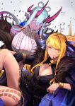  2girls :p bangs bare_shoulders blonde_hair blue_hair bracelet breasts cleavage colored_skin dragon_girl facial_mark fate/grand_order fate_(series) fur_trim highres horns hsin ibuki_douji_(fate) jewelry long_hair looking_at_viewer meme_attire multiple_girls pointy_ears purple_eyes purple_skin single_horn sitting slit_pupils sweater tongue tongue_out turtleneck turtleneck_sweater virgin_killer_sweater vritra_(fate) 