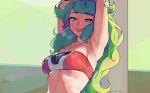  1girl against_pillar armpits bangs bare_shoulders blue_eyes breasts commentary day english_commentary eyebrows_visible_through_hair green_hair green_sky heavy_breathing highres long_hair looking_at_viewer medium_breasts midriff original solo strapless sweat tiger_(woofycakes) tubetop upper_body wavy_hair woofycakes 