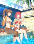  2girls absurdres bangs beige_capelet blush boots_removed bow bow_bra bra breasts brick_wall brown_eyes brown_footwear brown_hair brown_jacket brown_shorts cape cloud collarbone commentary cup eyebrows_visible_through_hair feet_out_of_frame food fruit highres holding holding_cup holding_spoon ice_cream ike_masato jacket large_breasts long_hair long_sleeves looking_at_viewer looking_to_the_side mage_(ragnarok_online) medium_breasts multiple_girls one_eye_closed open_mouth outdoors palm_tree pelvic_curtain ponytail ragnarok_online red_bow red_cape red_eyes red_hair red_tubetop short_hair shorts shrug_(clothing) sitting sky spoon stomach_tattoo strapless tattoo thief_(ragnarok_online) tree tubetop underwear wading waist_cape water watermelon white_bra 