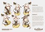  1girl absurdres character_profile china_dress chinese_clothes commentary dress english_commentary english_text fan fransuushi game genshin_impact hair_ornament highres long_hair looking_at_viewer ningguang open_mouth red_eyes silver_hair 