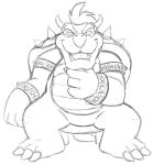  anthro black_and_white bowser cuffs_(disambiguation) hand_on_chin male mario_bros monochrome nintendo open_mouth simple_background sitting sketch smile solo spikes teeth_showing thegreatmatsutzu tongue_showing video_games white_background 