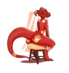  anthro chair female furniture hi_res horn kobold looking_at_viewer red_body rml simple_background sitting smiling_at_viewer solo tattoo tugma yellow_sclera 