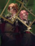  2boys ahoge belt belt_buckle black_belt black_gloves blurry blurry_background brown_hair buckle commentary cropped_jacket double_face_(ensemble_stars!) earpiece ensemble_stars! finger_to_mouth formal gloves green_eyes hair_up hand_on_hip highres idol indoors looking_at_viewer male_focus microphone mikejima_madara multiple_boys necktie one_eye_closed oukawa_kohaku picture_frame pink_hair purple_eyes red_belt red_neckwear rice_(rice8p) sheriff_badge short_hair smile suit 