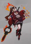  1girl backpack bag belt black_footwear black_gloves brown_hair burning buttons earrings fingerless_gloves fingernails fire flame flame_print gloves grey_background highres holding holding_polearm holding_spear holding_weapon horns jacket jewelry jiang1274 long_hair long_ponytail necklace oni open_clothes open_jacket orange_eyes original parted_lips polearm ponytail red_jacket shorts sleeves_past_wrists solo spear talisman turtleneck twitter_username weapon white_nails 