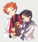  2boys augustine_sycamore blue_eyes blush closed_mouth commentary_request eyelashes freckles gen_1_pokemon gen_6_pokemon grey_background holding holding_pokemon kusuribe litleo long_sleeves lysandre_(pokemon) male_focus multiple_boys orange_hair pokemon pokemon_(creature) pokemon_(game) pokemon_xy red_shirt shirt signature sketch sleeves_past_wrists spiked_hair vest younger zubat 