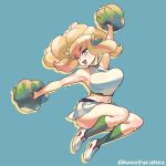  1girl arm_up armpits bangs blonde_hair blue_background blue_eyes bouncing_breasts breasts cheering cheerleader commentary drill_hair english_commentary eyebrows_visible_through_hair full_body green_legwear holding holding_pom_poms jumping large_breasts legs_together long_hair melanie_(woofycakes) midriff miniskirt one_eye_closed original pom_poms shoes skirt sneakers socks solo sports_bra sweat thick_thighs thighs twitter_username white_footwear white_skirt white_sports_bra woofycakes 