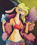  abstract_background antelope anthro blonde_hair bottomwear bovid breasts brown_eyes cleavage clothed clothing disney female fur gazelle gazelle_(zootopia) hair hair_over_eye halter_top hand_fan hi_res horn looking_at_viewer mammal midriff multicolored_body multicolored_fur one_eye_obstructed open_mouth open_smile signature skirt smile solo trashcamell two_tone_body two_tone_fur zootopia 