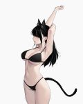  1girl animal_ears armpits arms_up bangs bikini black_bikini black_hair breasts cat_ears cat_tail cleavage collarbone cowboy_shot dongho_kang grey_background halter_top halterneck highleg highleg_bikini highres large_breasts long_hair looking_to_the_side mole_on_armpits navel original parted_lips sidelocks simple_background solo stretch swimsuit tail yellow_eyes 