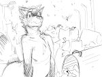  4:3 anthro arched_back cheek_tuft digital_media_(artwork) emerald_(katai) eyebrows facial_tuft fur line_art looking_at_viewer male mammal monochrome nude procyonid raccoon ringtail scarneck_(artist) sketch smile solo trash trash_can tuft 