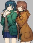  :d :o baozi black_sweater blue_hair blue_skirt brown_coat brown_eyes brown_hair casual coat cowboy_shot duffel_coat eating food from_side green_coat green_eyes green_skirt grey_background hair_ribbon hiryuu_(kantai_collection) holding holding_food kantai_collection lowres miniskirt one_side_up open_mouth ribbon short_hair simple_background skirt smile souryuu_(kantai_collection) sugimoto_(niboshiumai) sweater twintails white_ribbon 