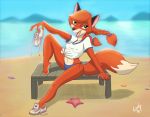  2019 4_toes acornart anthro barefoot beach bench canid canine clothing countershade_feet countershade_hands countershading day detailed_background feet female footwear fox fur hi_res looking_at_viewer mammal midriff nipple_outline open_mouth open_smile orange_body orange_fur outside patty_foxy sand sea seaside shirt shoes sitting smile solo t-shirt toes topwear water 